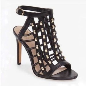 Vince Camuto Kalare Caged Black Leather With Gold Accents Sandals Heel